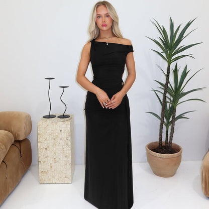 Vestido de mujer primavera verano ajustado cuello diagonal sin mangas abertura color sólido