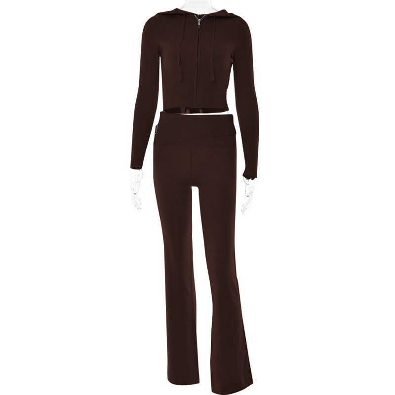 Conjunto de dos piezas de pantalones y mangas largas con cintura alta y capucha de punto para mujer