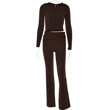 Conjunto de dos piezas de pantalones y mangas largas con cintura alta y capucha de punto para mujer
