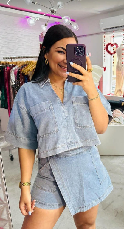 Conjunto de dos piezas formado por camisa polo de manga corta y pantalón asimétrico irregular, estilo vaquero informal y cómodo para mujer, para verano, holgado y adelgazante
