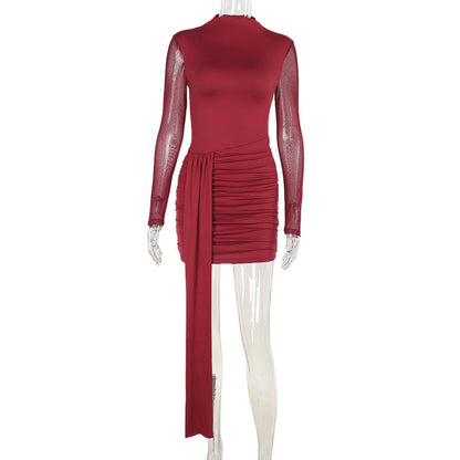 Vestido elegante y sexy de otoño para mujer, estilo socialité, con costuras de malla fina y bolso de cadera.