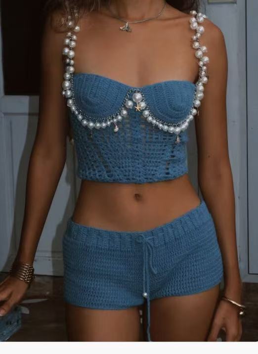 Conjunto de top corto sexy de color liso con tirantes finos y cuentas para primavera y verano