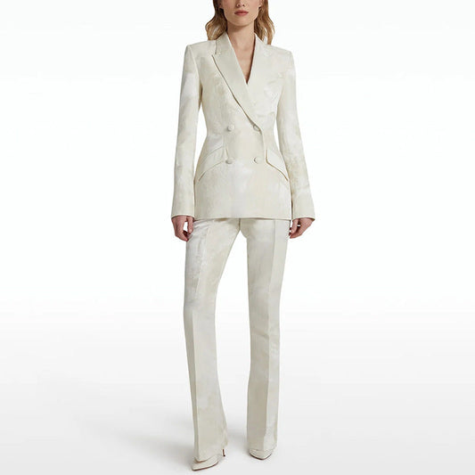 Women Elegant Jacquard Double Breasted Blazer Long Sleeved Two Piece Set