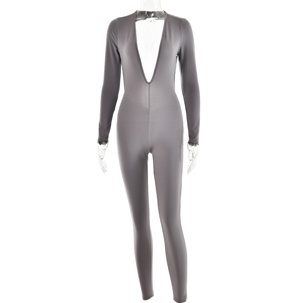 Leggings de manga larga con escote en V profundo de otoño para mujer, mono ajustado sexy sin espalda