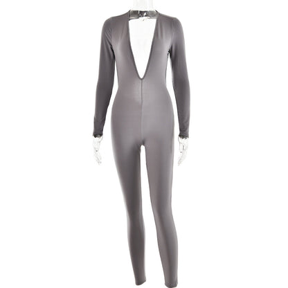 Leggings de manga larga con escote en V profundo de otoño para mujer, mono ajustado sexy sin espalda