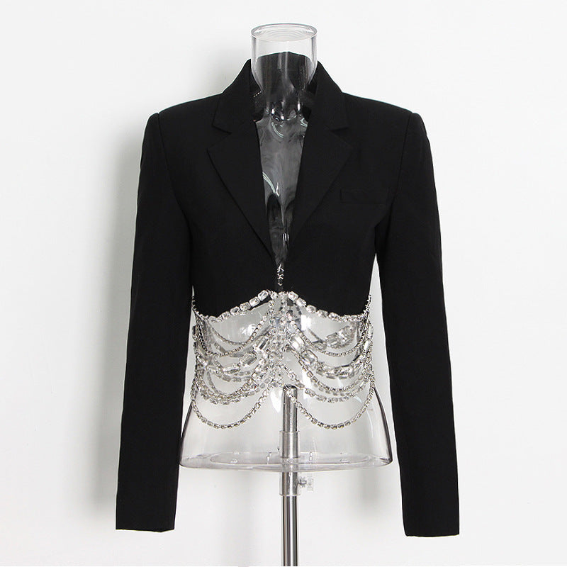 Conjunto de falda de otoño con costuras de cadena de diamantes de imitación, falda corta negra ajustada