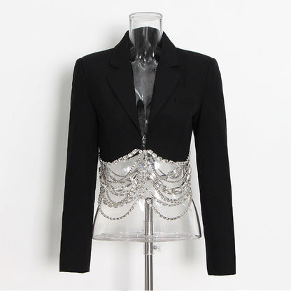 Conjunto de falda de otoño con costuras de cadena de diamantes de imitación, falda corta negra ajustada