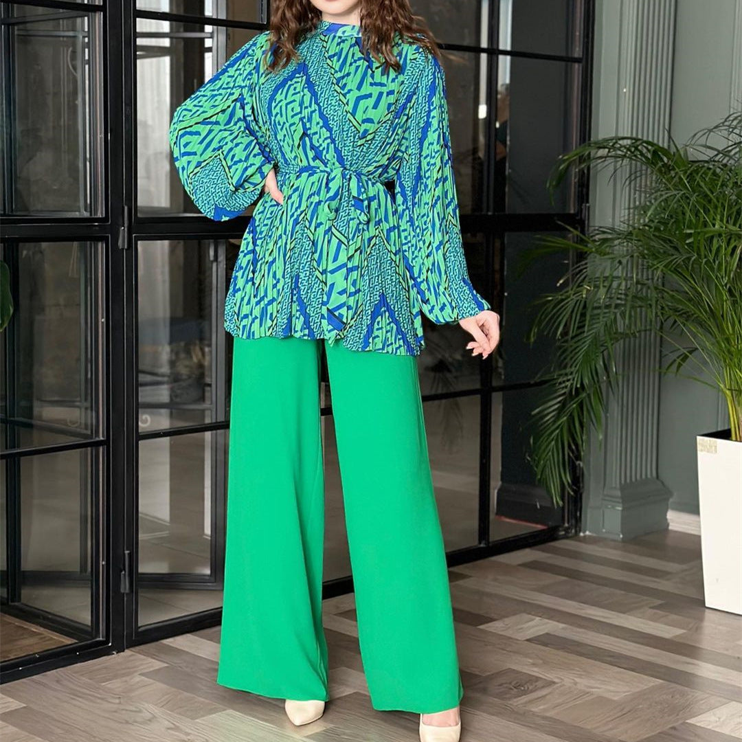 Conjunto de ropa de otoño para mujer, camisa plisada elegante con mangas abullonadas, pantalones de pierna ancha y cintura alta