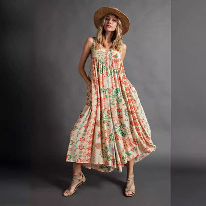 Mono holgado sin mangas con estampado vintage para mujer de verano