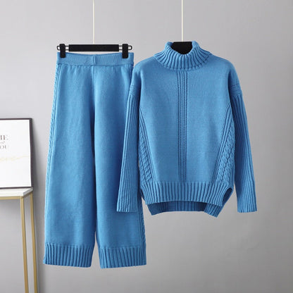 Conjunto informal de jersey de cuello alto y tejido grueso para mujer, pantalones anchos y sueltos de pierna ancha para otoño e invierno, dos piezas