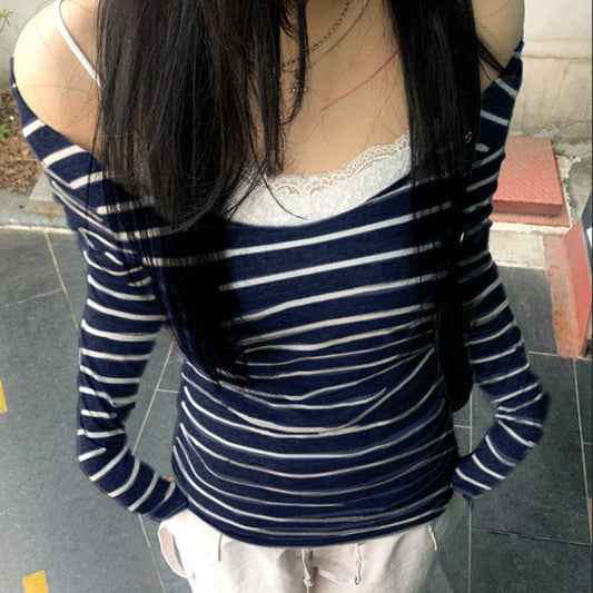 Blusa de manga larga, ligera, ajustada y a rayas con hombros descubiertos, sexy, sencilla, combinable y casual.