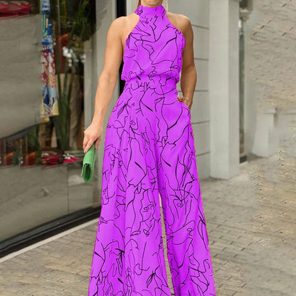 Mono elegante de verano para mujer, con cintura alta, sin mangas, con cordones y pantalones estilo halter
