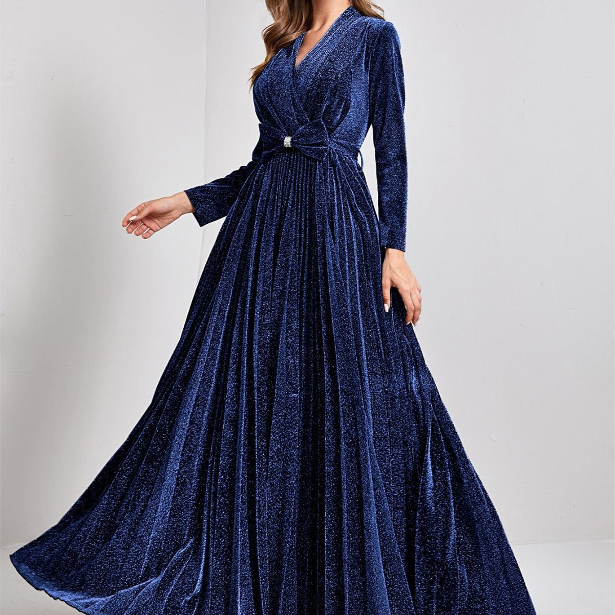 Vestido de noche con escote en V, manga larga, dobladillo grande, elegante, para baile, fiesta, dama de honor
