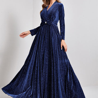 Vestido de noche con escote en V, manga larga, dobladillo grande, elegante, para baile, fiesta, dama de honor