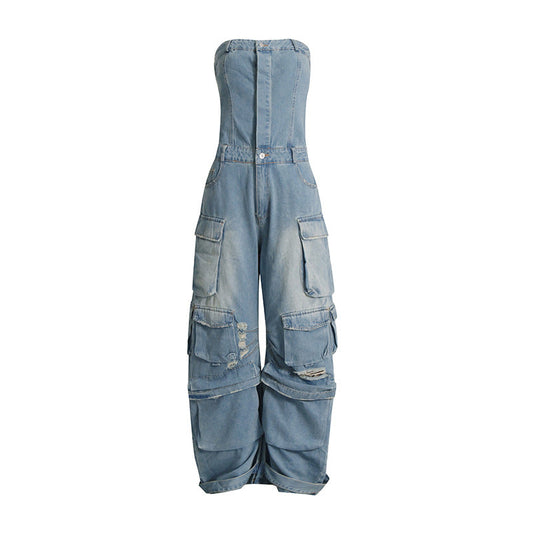 Mono vaquero de verano con múltiples bolsillos y cintura rasgada para adelgazar y sexy para mujer