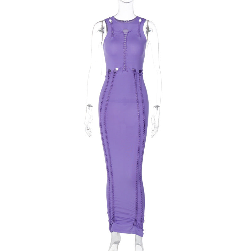 Vestido de verano sin mangas con cuello redondo y aberturas en color liso para mujer