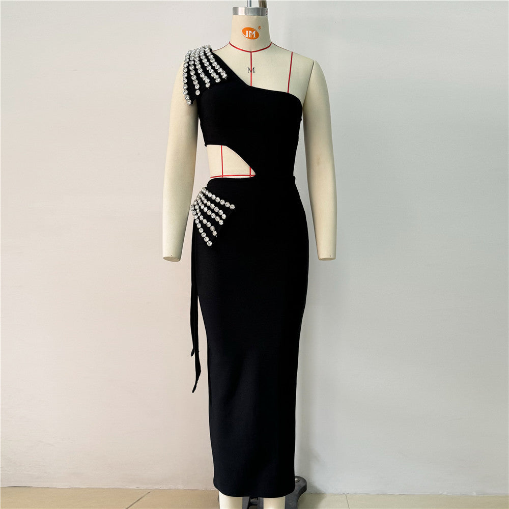 Vestido de fiesta elegante con escote halter, sexy, con un solo hombro y aberturas laterales, vestido de noche con diamantes