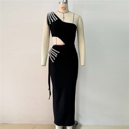 Vestido de fiesta elegante con escote halter, sexy, con un solo hombro y aberturas laterales, vestido de noche con diamantes