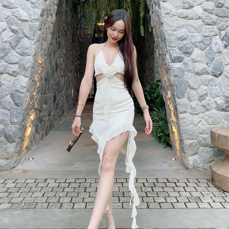 Vestido sexy ajustado con tirantes finos, volantes y estampado floral tridimensional en 3D para primavera y verano