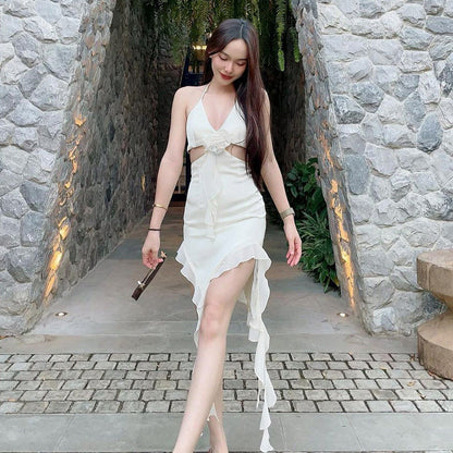 Vestido sexy ajustado con tirantes finos, volantes y estampado floral tridimensional en 3D para primavera y verano