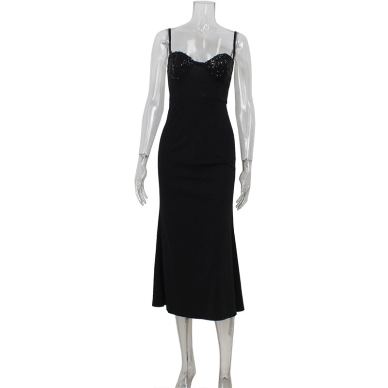 Vestido de cóctel de noche de lujo, sexy, ligero, con escote en V y costuras de lentejuelas, estilo camisola con cintura ceñida