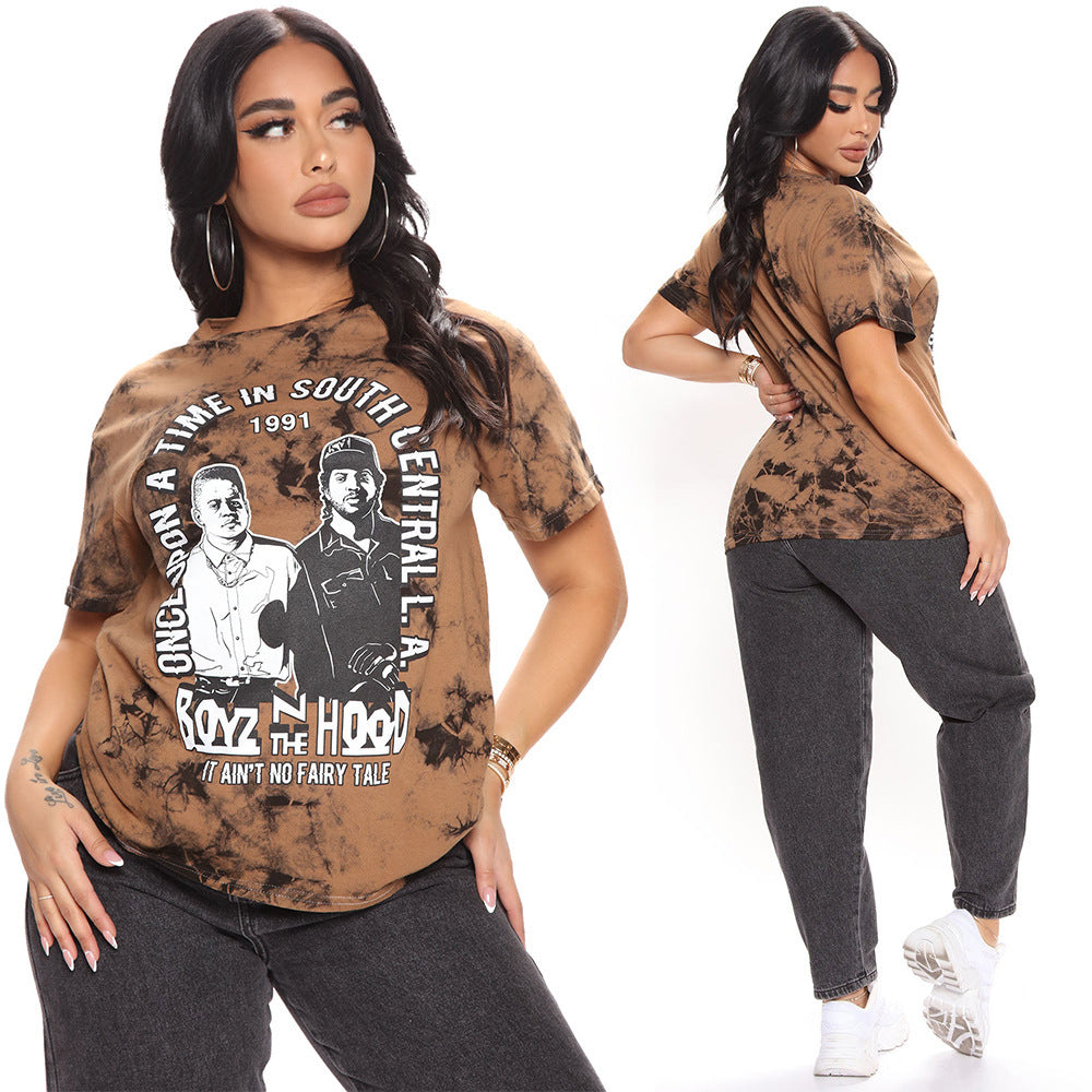 Camiseta deportiva informal de manga corta con estampado teñido anudado y lavado mineral para mujer