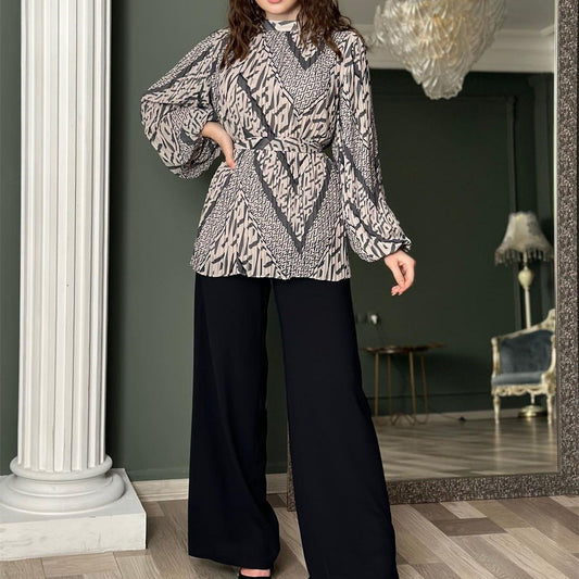Conjunto de ropa de otoño para mujer, camisa plisada elegante con mangas abullonadas, pantalones de pierna ancha y cintura alta