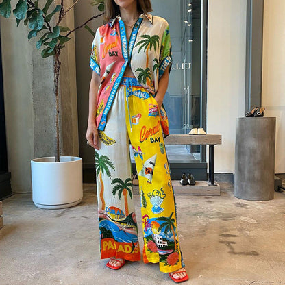 Conjunto informal de pantalones anchos con cintura elástica y bolsillo para mujer, ropa de verano con estampado multicolor