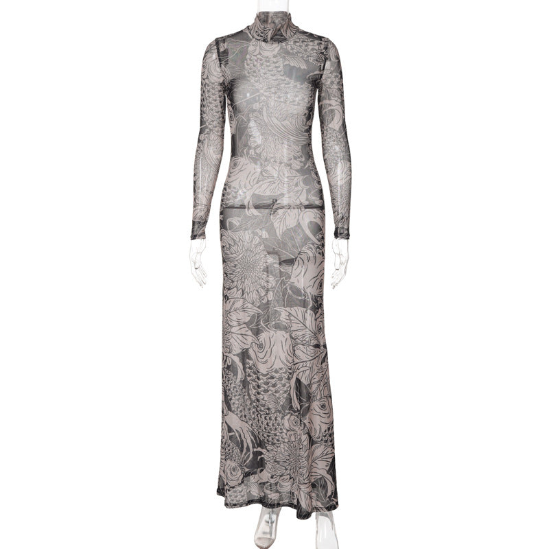 Vestido ajustado de cuello alto transparente con estampado de malla de otoño para mujer