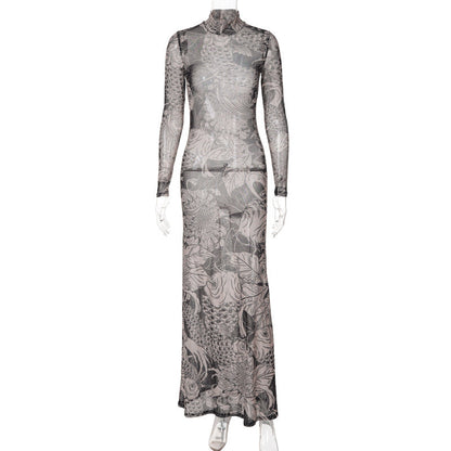 Vestido ajustado de cuello alto transparente con estampado de malla de otoño para mujer