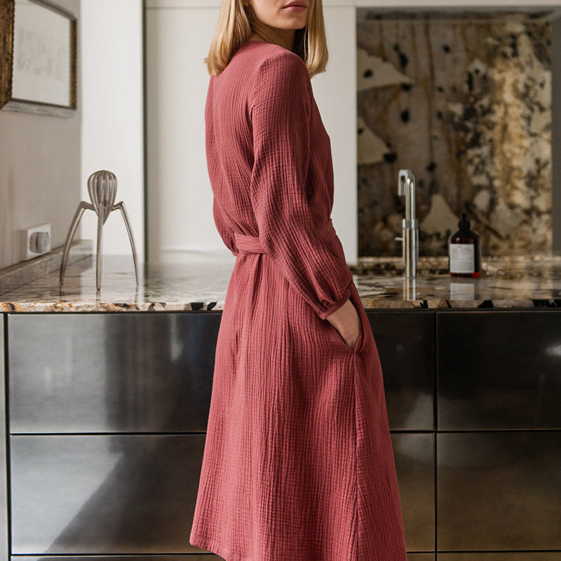 Vestido de gasa de algodón de primavera, de manga larga, estilo francés de oficina, ajustado a la cintura con tapeta.