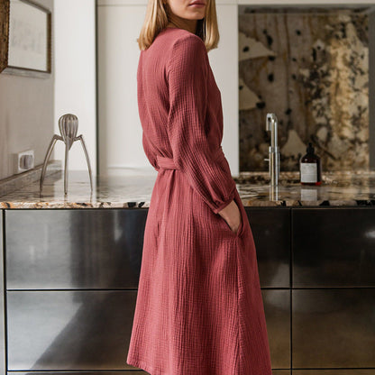 Vestido de gasa de algodón de primavera, de manga larga, estilo francés de oficina, ajustado a la cintura con tapeta.