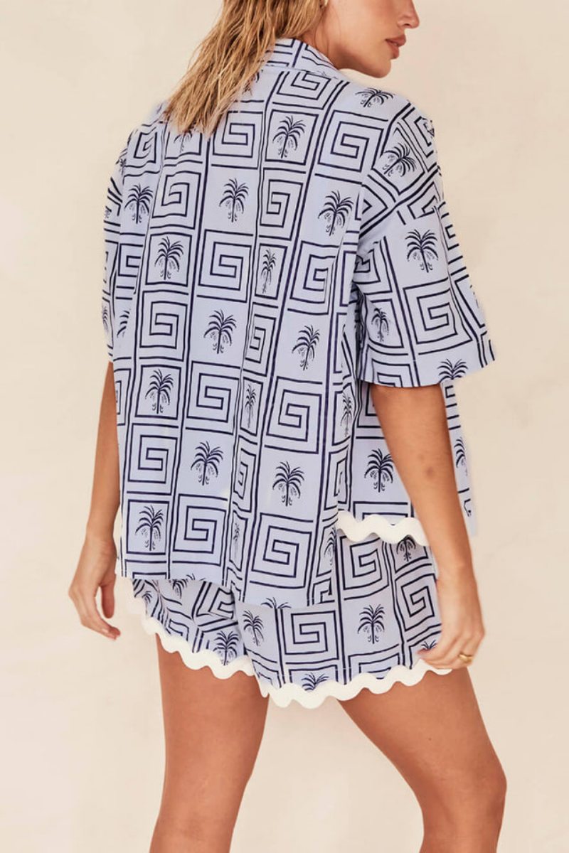 Shirt Collar Summer Botanical Print Vacation Casual Set