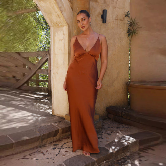 Sexy Backless Slit Solid Color Dress Sling Slim Mid Length Women Clothing