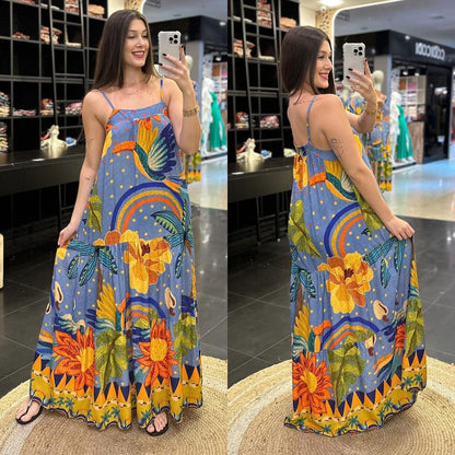 Vestido largo con tirantes finos y estampado sin mangas para mujer, sexy, de verano
