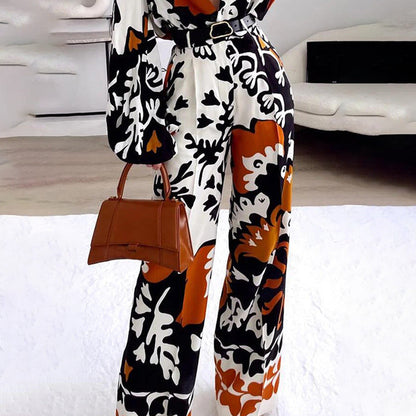 Conjunto informal de dos piezas con estampado bohemio y contraste de colores para mujer de otoño