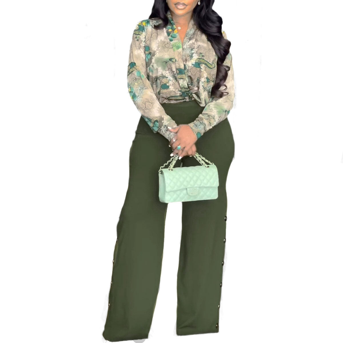 Conjunto de dos piezas de camisa con cuello en V y pantalones anchos para mujer
