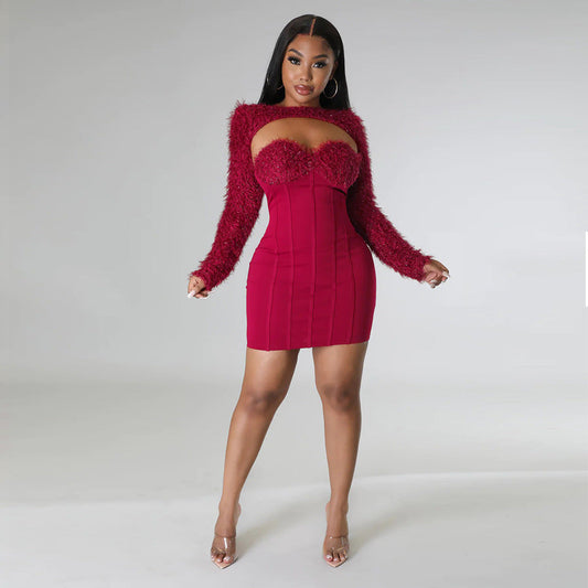 Vestido de dos piezas para mujer, con top de tubo sexy, cintura ceñida, chaleco pequeño, para Navidad, otoño e invierno