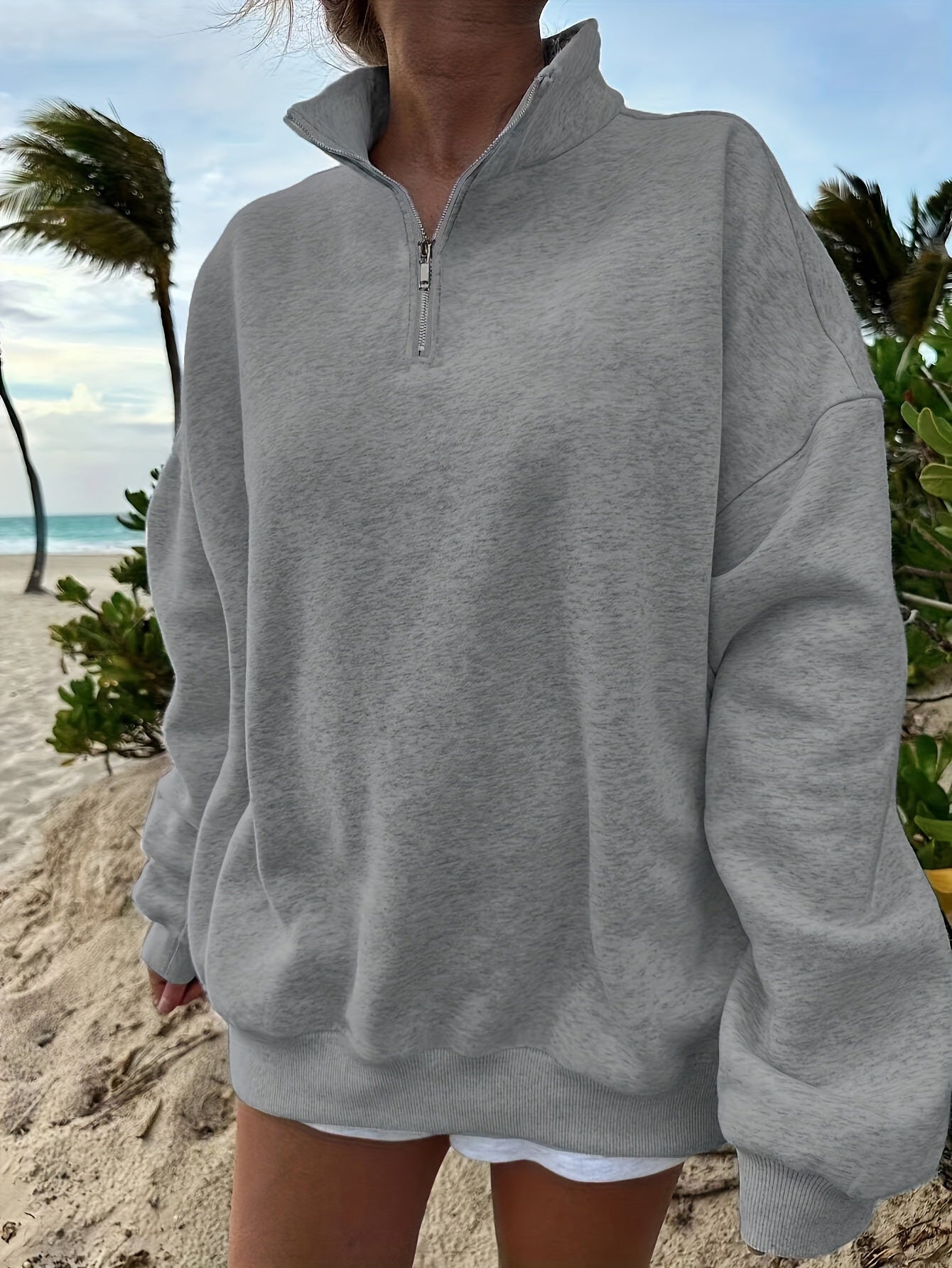 Sudadera para exteriores, otoño e invierno, informal, holgada, de manga larga, con media cremallera para mujer