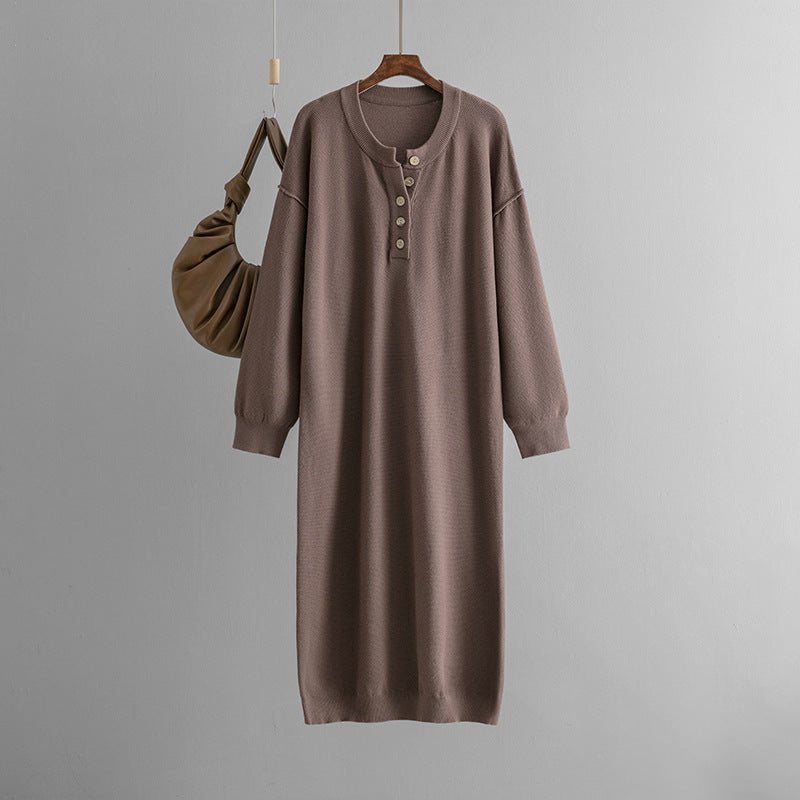 Autumn Winter Button Knitwear Dress Solid Color Loose Casual Sweater Women