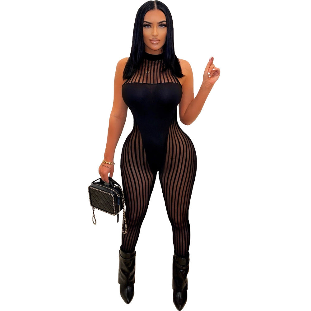 Mono sexy de malla con costuras de rayas para mujer