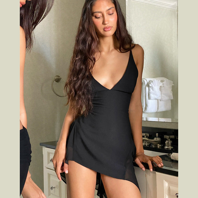 Vestido de primavera para mujer, color liso, sexy, sin espalda, con cuello tipo bufanda, ajustado, con tirantes finos