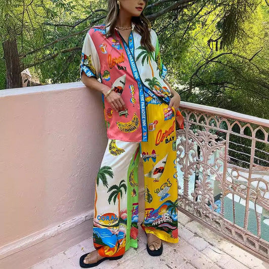 Traje informal de dos piezas con camisa y pantalones de cuello de manga corta de satén con estampado de grafiti