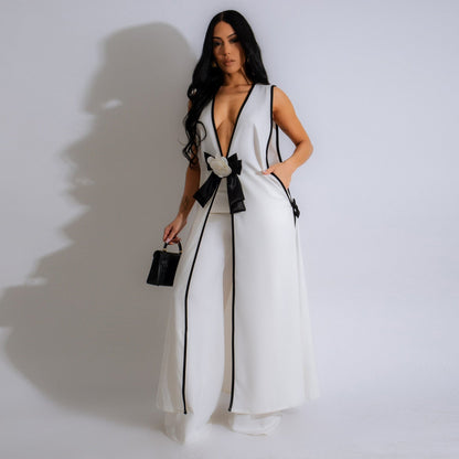 Conjunto de chaleco largo sin mangas con lazo de camelia sexy para mujer, pantalones de pierna ancha