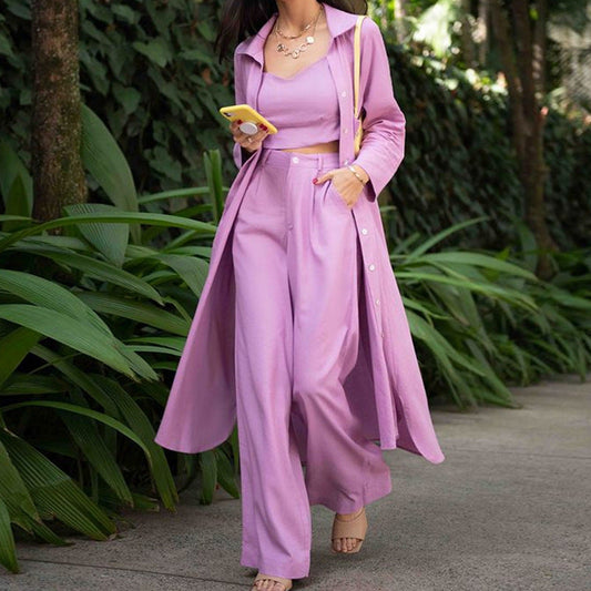 Gabardina informal de otoño, pantalones anchos, ropa de mujer, traje de tres piezas