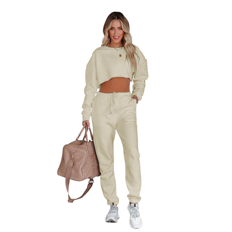 Suéter de cuello redondo de color liso para otoño e invierno, suéter corto de manga larga, ropa de mujer, pantalones casuales con cordón, traje