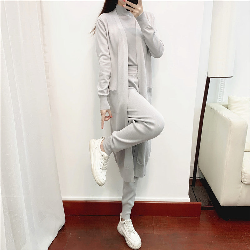 Conjuntos elegantes de moda de otoño para mujer, ropa de estilo occidental, aspecto juvenil, informal, de punto, cárdigan, chaleco, pantalones, conjunto de tres piezas