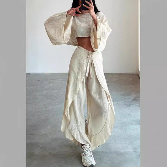 Traje de dos piezas de pantalón holgado de lino y algodón para mujer