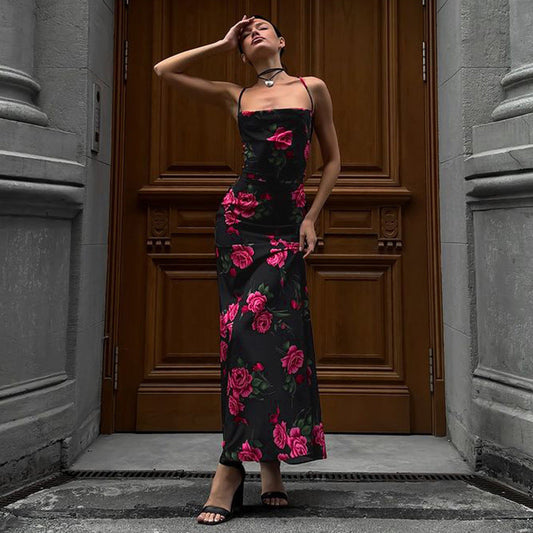 Vestido de primavera para mujer, elegante, con estampado floral, sexy, con espalda descubierta y lazo.
