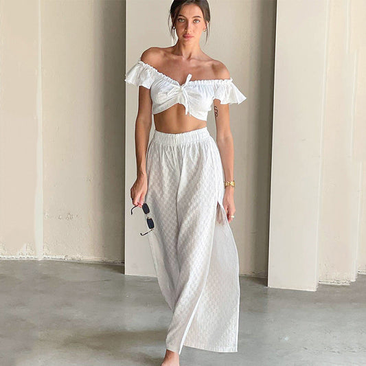 Conjunto de pantalones sexys de verano para mujer con costuras con volantes y mangas voladoras con abertura en jacquard